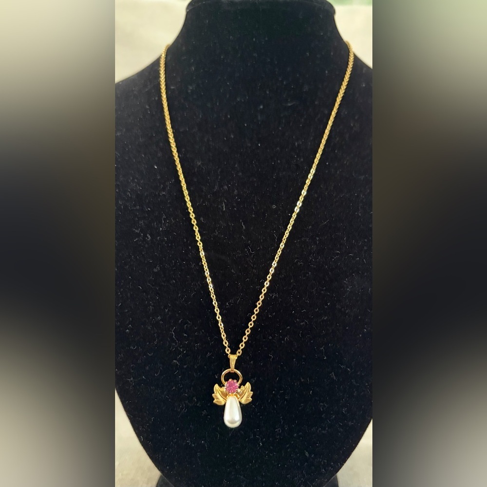 Gold Angel Pendant Necklace with Pearl and Red Accents